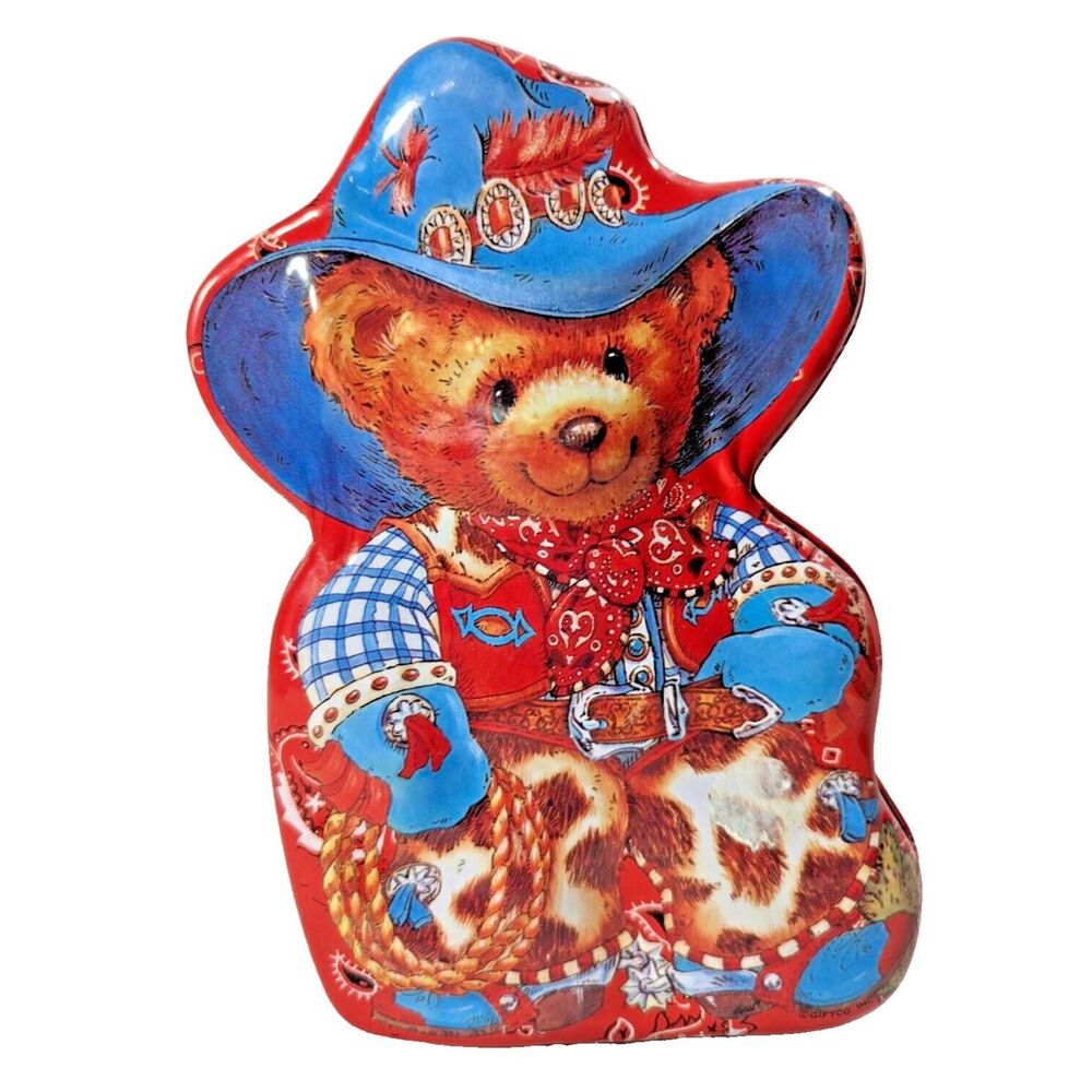 Cowgirl Teddy Bear 3D Tin Box Hat Chaps Red Bandana Vintage Storage Blue Red 8"